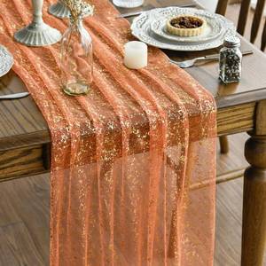 lot 12016 image: Artoid Mode 6PCS Orange Gold Gauze Table Runner 120 Inch 10FT, Glitter Metallic Foil Sheer Dining Wedding Anniversary Holiday Table Decor for Home Party