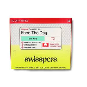 lot 12024 image: Swisspers Premium 100% Cotton Dry Facial Wipes - Hypoallergenic, Biodegradable Beauty Cloths with Dot Embossing - Vegan Makeup Remover Towelettes for Women & Men, 40 Count (Pack of 1)