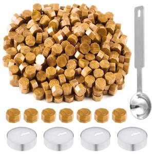 lot 12380 image: BOUIEXYE 500 Pcs Octagon Sealing Wax Beads Gold Wax Seal Beads with 4 Pcs Tea Candles and 1 Pcs Wax Melting Spoon for Crafts Letter Wine Greeting Cards Sealing