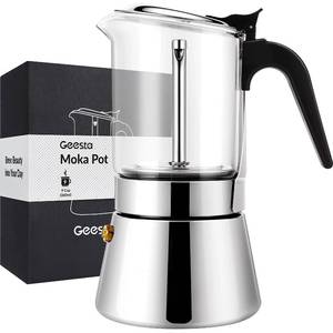 lot 12391 image: Geesta Premium Crystal Glass-Top Stovetop Espresso Moka Pot - 46 9 Cups Stainless Steel Coffee Maker- 360ml12.7oz9 cup (espresso cup40ml) (Used)