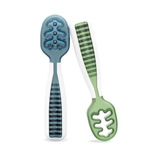 lot 12393 image: NumNum Baby Spoons Set, Baby Essentials Pre-Spoon GOOtensils for 6 Months, First Stage Self-Feeding Spoons for Baby Led Weaning (BLW), Silicone Toddler Utensils, BPA-Free, 2 Pack BlueGreen