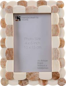 lot 12417 image: Handicrafts Home 4x6 Picture Frame Brown & White, Scalloped Bone Inlay Photo Frame, Handmade Decorative Picture Frame for Wall or Tabletop, Coastal Modern Home Decor