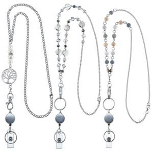 lot 12425 image: Hicarer 3 Pieces ID Badge Beaded Lanyard Necklace with ID Holder Clip Stainless Steel Beaded Chain Lanyard Necklace for Women Retractable Badge Reel Valentine Present (One Is Damaged)
