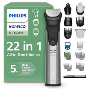 lot 12429 image: Norelco Philips All-in-One 7000 Series 22-Piece Trimmer - Electric Shaver and Clipper for Face, Beard, Head & Body, Self-Sharpening Full Metal Blades, 28 Length Settings (0.5-16 mm), MG797549 (Turns On)