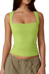lot 12455 image: QINSEN Womens Summer Tank Tops Square Neck Sleeveless Slim Fitted Going Out Shirts Wild Lime M