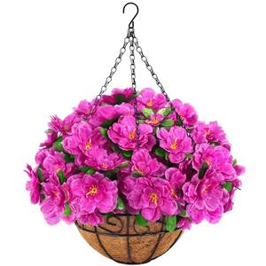 lot 13915 image: Ouddy Decor Artificial Hanging Flowers with Basket, Silk Azalea Flowers in Coconut Basket, Fake Hanging Plants Artificial Decor for Outdoor Indoor Yard Garden Patio Home Room Porch Decor (Fuchsia)
