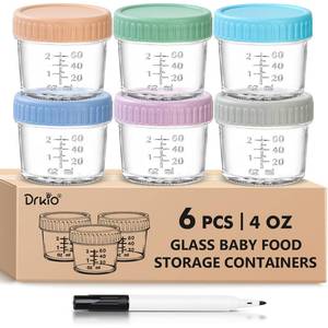 lot 14362 image: DRKIO 6 Pack Glass Baby Food Storage Containers - 4 Oz Baby Food Jars with Lids Baby Food Maker Microwave Dishwasher Freezer Safe 100% Leak Proof BPA Free Reusable