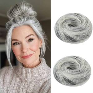 lot 14369 image: IOVOIMMSL 2PCS Small Cute Messy Bun Hair Piece for Thin Hair Women Mini Synthetic Curly Bun Scrunchies Updo Hairpieces Salt and Pepper