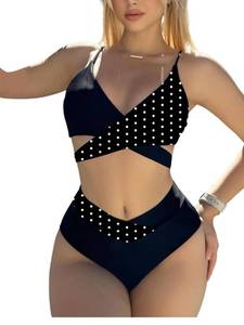 lot 14374 image: WDIRARA Womens 2 Piece Swimsuit Set Cow Print Criss Cross Wrap Spaghetti Strap High Waisted Bikini Set Black Dots Large