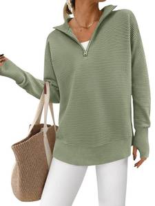 lot 14388 image: PRETTYGARDEN Womens Long Sleeve Quarter Zip Pullover Sweater Casual Loose V Neck Collared Ribbed Knit Jumper Tops Thumb Hole(Grey Green,Large)