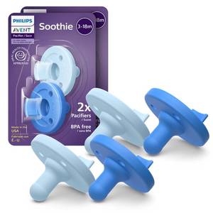 lot 14395 image: Philips Avent Soothie Baby Pacifiers - 100% Silicone Pacifiers for Babies 3-18 Months, One-piece Design, BPA-Free, Extra Durable, Sky Blue and Light Blue, 4 Pack, Model SCF19271