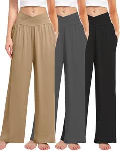 lot 14407 image: Kivdol 3 Pack Womens XL Wide Leg Pants Crossover with Pockets High Waist Loose Sweatpants Casual Lounge Yoga Workout Palazzo