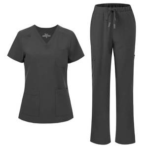 lot 14409 image: floralhue Scrubs for Women, V-Neck Scrubs Top & Cargo Pants with 12 Pockets, Yoga Waistband, 4 Way Stretch, Dark Grey, M