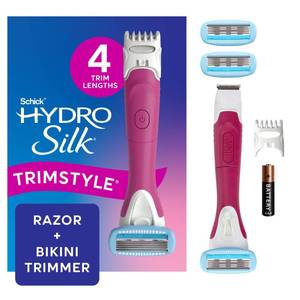 lot 14412 image: Schick Hydro Silk TrimStyle Razor with Bikini Trimmer for Women  2-in-1 Bikini Razor for Women and Womens Trimmer for Pubic Hair, Includes 1 Waterproof Handle, 3 Refills & 1 AAA Battery