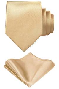 lot 14415 image: TIE G Solid Satin Woven dyed Color Formal Black Necktie and Pocket Square Sets in Gift Box (Beige)
