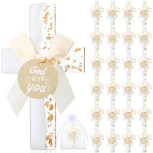 lot 14449 image: Ripeng 24 Sets Baptism Favors for Guests Bulk First Communion Favors Cross Fridge Magnets Gold Foil Cross with Bow God Bless You Tag Organza Bags Mi Bautizo Recuerdos for Birthday Wedding Church