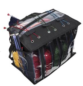 lot 14456 image: Knitting Organizer By Besti Portable Knitting Yarn Storage Bag With Multiple Pockets, Individual Compartments, Carrying Shoulder Strap - Clear Plastic Tote Bag For Needles, Crochets & Threads (Black)