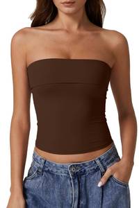lot 14478 image: QINSEN Tube Tops for Women Strapless Double Lined Bandeau Tops Foldover Cute Bustier Tops Coffee Bean S
