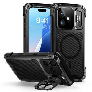 lot 14488 image: Lanhiem for iPhone 17 Metal Case with Kickstand, Compatible with MagSafe, Built in Tempered Glass Screen Protector, Full Body Camera Protection, Heavy Duty Rugged Military Phone Case, Black