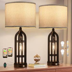 lot 15010 image: Seealle Table Lamp for Living Room Set of 2 - Bedside Lamp for Bedroom with USB CA & Outlet, Farmhouse Lamps for Night Stands, 3-Way Dimmable Touch Lamps for Living Room with Grey Shade
