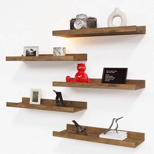 lot 15015 image: RICHER HOUSE 5 Set Floating Shelves for Wall Decor, Wall Mounted Book Shelf, Nursery Shelves Picture Ledge Shelf with Lip for Storage, Bedroom, Living Room, Bathroom - Brown
