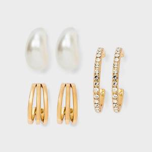 lot 16152 image: Pearl and Crystal Hoop Earring Set 3pc - Wild Fable GoldWhite Post Closure, 40% Recycled Zinc, 1 Diameter, Lightweight missing one white
