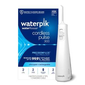 lot 19092 image: Waterpik Cordless Pulse 3100 Rechargeable Portable Water Flosser for Teeth, Gums, Braces Care and Travel with 2 Flossing Tips, Waterproof for Shower Use, ADA Accepted, WF-20 White, Amazon Exclusive