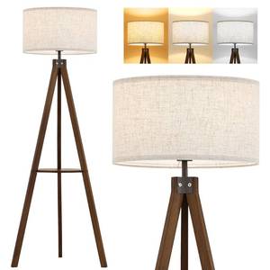 lot 19099 image: ELYONA Tripod Floor Lamp with Table, Mid Century Wood Shelf Standing Light Modern Tall Floor Lamp with Linen Shade for Living Room Bedroom Office,Dark Brown, 3 Color Temperatures LED Bulb Include