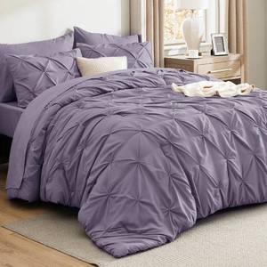 lot 19117 image: Bedsure Twin Comforter Set Grayish Purple - Bed in a Bag Twin Size Bedding 5 Pieces, GentleSoft Pintuck Bed Set Gift for Family, Pinch Pleat Grayish Purple Comforter with Sheets, Pillowcase & Sham