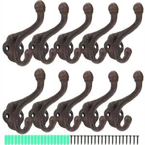 lot 19124 image: Peohud 10 Pack Cast Iron Coat Hooks, Rustic Wall Hooks, Wall Mounted Farmhouse Coat Hangers, Heavy Duty Double Hooks for Hanging Coats, Bags, Caps, Hats, Towels, Keys