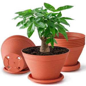 lot 19127 image: RooTrimmer 8 Pack 8 Inch Plant Pots with Saucers, Plastic Flower Pots with Drainage Holes, Large Planters for Indoor Outdoor Garden, House Plants, Flowers, Herbs, Gardening Gifts, Pottery Red (Saucers not included)