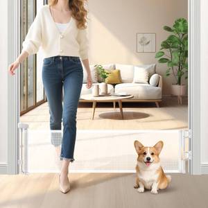 lot 19150 image: Short Dog Gate,14 Tall Retractable Baby Gate to Step Over, Puppy Mesh Pet Gates Doggy for Doorways Stairs, Extends up to 59 Wide for Kitchen Hallways Indoor,- NOT for Jumpers - Drilling Required