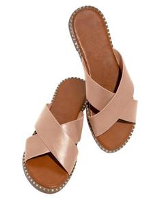 lot 19163 image: JeimPoey Womens Open Toe Slides Flat Sandals Studded Slip on Crossed Strap Beach Slipper Size 9 (USED)
