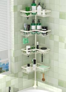 lot 19185 image: DAOYA Corner Shower Caddy Tension Pole, 4-Tier Adjustable Corner Shower Caddy with Soap Dish & Razor Holder, Stainless Steel Tension Pole Shelf Fits Bathtub & Floor 25-114.2 inches(Off-white)