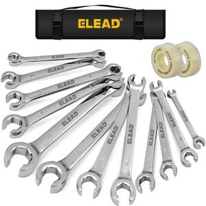 lot 20067 image: ELEAD 14-Piece Flare Nut Wrench Set with PTFE Tape, Metric & SAE 14-78& 6-21mm, Brake Line Wrench Set Double Open End with Organizer Pouch for Repairing and Removing Nuts