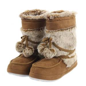 lot 20075 image: Home Slipper Indoor House Warm Slippers Boots,Womens Crazy Fashion Warm High Top Long Fur Soft Sole Lace Pom Poms Slipper,US 910,Khaki