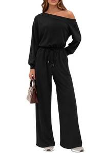 lot 20081 image: PRETTYGARDEN Long Sleeve Jumpsuit For Women Dressy 2026 Off Shoulder One Piece Loose Wide Leg Jumpsuits Casual Flowy Romper (Black,Medium)