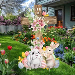 lot 20089 image: Weysat Easter Metal Yard Signs He Is Risen Cross Metal Decoration Outdoor 23.6 Inch Easter Rabbit Welcome Porch Sign Christian Yard Decorations with Stakes Waterproof for Home Garden Patio Lawn Party