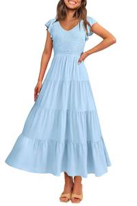 lot 20093 image: PRETTYGARDEN Womens Summer Flowy Maxi Dress Casual Cap Sleeve V Neck Smocked Beach Sundress (Solid Light Blue,XX-Large)