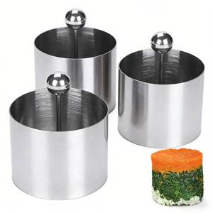 lot 20100 image: Set of 3 Stainless Steel Sushi Tower Mold, Round Mousse Cake Ring Molds with Pushers, Tuna Tartare Mold Ring for Home Kitchen Use