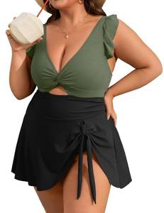 lot 20103 image: Charmo Women Plus Size Swimdress One Piece Swimsuit Tummy Control Twist Front Bathing Suit Skirted Swimwear Black Green 4X