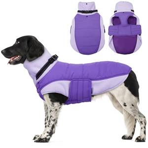 lot 20112 image: BRKURLEG Dog Coat, Turtleneck Winter Jacket with Harness for Small Medium and Large Dogs, Windproof Reflective Warm Fleece Dogs Snowsuit with Hook & Loop, Dog Coats for Cold Weather, Purple XXL