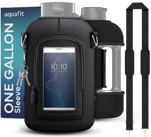 lot 20123 image: AQUAFIT 1 Gallon Jug Sleeve, Neoprene Water Bottle Bag with Adjustable Shoulder Strap and Pocket, 128 oz Sling Bag, Carrier Bag (Sleeve Only - No Bottle, Black)