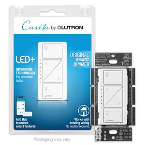 lot 20174 image: Lutron Caseta Original Smart Dimmer Switch (Lutron Smart Hub Required), for LED Lights, 150 Watt, Single-Pole3-Way, No Neutral Required, PD-6WCL-WH, White