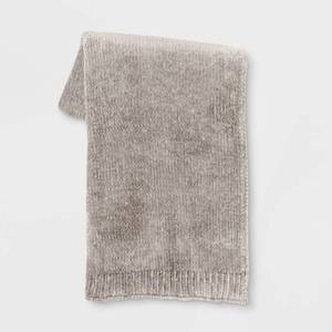 lot 9435 image: 50x60 Shiny Chenille Throw Blanket Neutral - Threshold Soft Knitted, Reversible, Machine Washable, Modern Home Decor - Retail $45