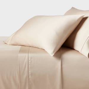 lot 9436 image: King 320 Thread Count Cool TENCEL Lyocell Sheet Set True Khaki - Threshold Solid Sateen, 18 Deep, 4-Piece - Retail $90