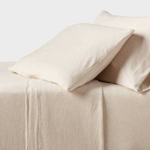 lot 9446 image: NO PILLOW CASESTwin Cotton Jersey Sheet Set Heather Oatmeal - Threshold 3-Piece, 100% Cotton, Machine Washable, OEKO-TEX Certified - Retail $30