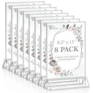 lot 312 image: EHWINE 8 Pack Acrylic Sign Holder 8.5 x 11, Double Sided Silver Picture Frame Stand up Table Top Sign Holders, Clear Display Stand Menu Flyer Holder for Wedding Party (Provide Non-slip Mats) - Retail $32