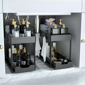 lot 334 image: DEKAVA Under Sink Organizer 2 Pack, Bathroom Cabinet Organizer, 2 Tier Sliding Cabinet Basket Organizer Drawer, Multi-Purpose Bath Collection Baskets for Bathroom (Black) - Retail $30