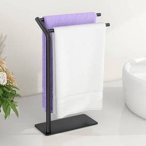 lot 345 image: LSK Hand Towel Stand, Black Bathroom Towel Holder Stand, Curved F-Shaped Countertop Towel Stand with Heavy Base, 16.6 Inch - Retail $21